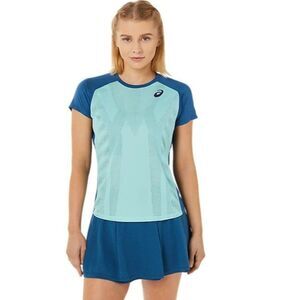 ASICS Women’s Match Graphic Short Sleeve T-shirt, Oasis Green/Light Indigo Sz. L